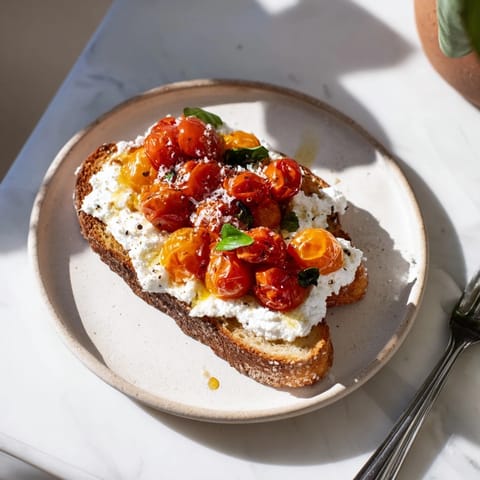 Savory tomato ricotta toast on a rustic wooden board, featuring olive oil drizzle and flaky sea salt for a Mediterranean breakfast.  
