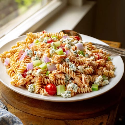 Freshly prepared Buffalo Chicken Pasta Salad featuring tender rotini pasta, juicy cherry tomatoes, and a zesty buffalo sauce blend.  