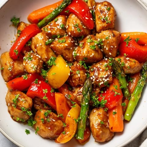 Serving suggestion for Sheet Pan Honey Garlic Chicken, showing golden-brown chicken and caramelized vegetables garnished with fresh parsley, ready to be served over fluffy white rice.