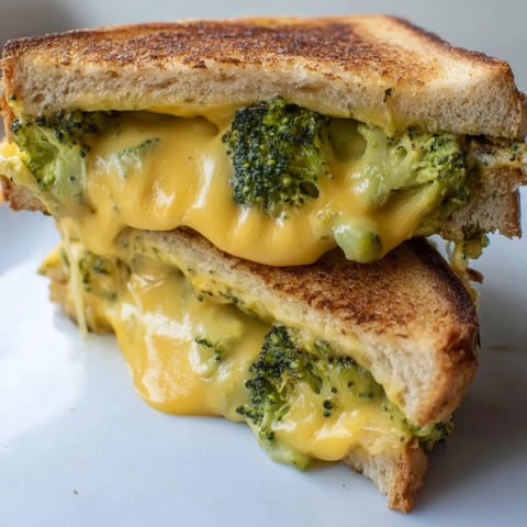 A comforting Roasted Broccoli & Cheddar Grilled Cheese served with tomato soup for dipping.