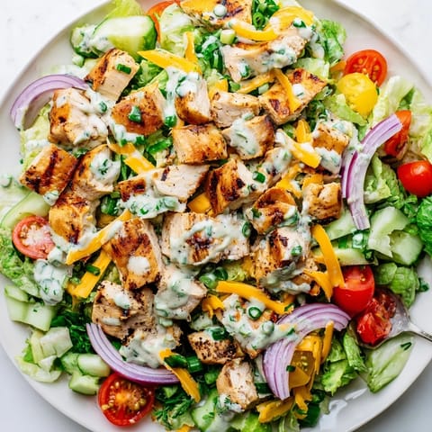 Fresh Jalapeño Ranch Chicken Salad topped with shredded cheddar and crunchy tortilla strips, ready to serve.