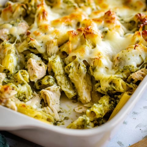 A close-up of Pesto Chicken Pasta Bake, bubbling with tomato sauce and topped with crispy, golden Parmesan cheese.