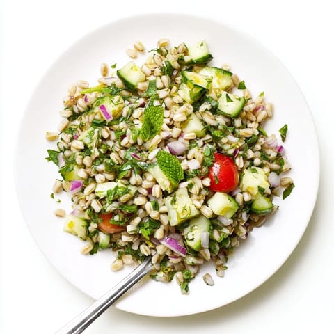 A finished bowl of Barley and Herb Salad glistening with lemon vinaigrette, topped with fresh mint and parsley, served as a vibrant side dish.