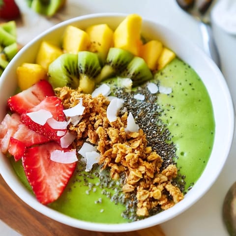 Sunlit Green Smoothie Bowl brimming with creamy spinach base and mixed berries, ready to eat.