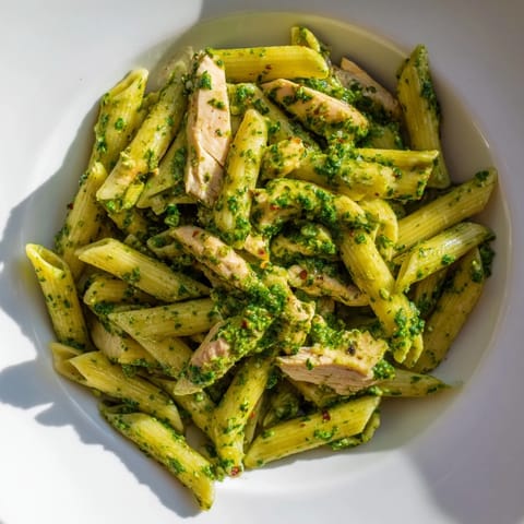 A close-up of Chimichurri Chicken Pasta shows juicy chicken slices and glistening, emerald-green sauce coating every noodle.  