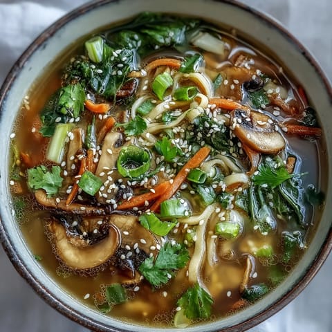 Hearty Miso Ginger Winter Soup served in a rustic ceramic bowl with sesame seeds.