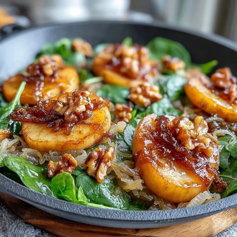 Warm Apple and Sauerkraut Skillet Salad served warm in a skillet, with sauerkraut and baby spinach, perfect alongside roasted sausages.