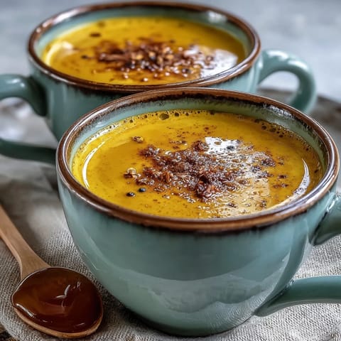 Turmeric and Ginger Golden Milk poured into a clear glass mug, showing its vibrant yellow color and creamy texture.