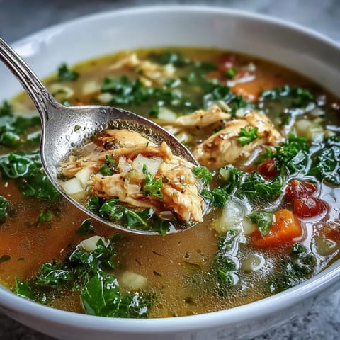 A steaming ladle pours the High Protein Lemon and Turmeric Chicken Soup, garnished with fresh parsley and lemon wedges.