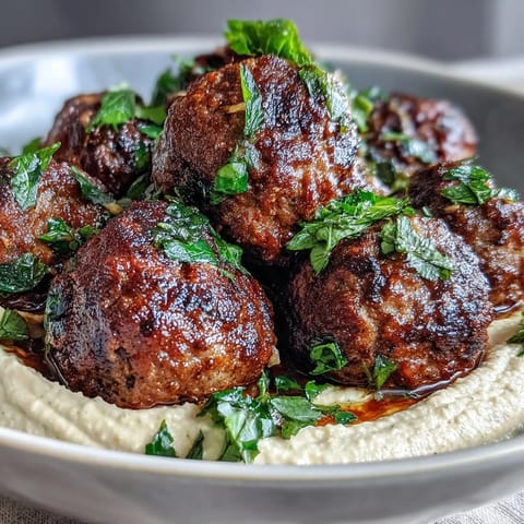 Frying venison meatballs with aromatic spices in a skillet beside fresh salad and hummus.