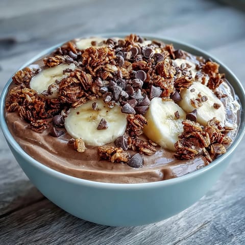 Vibrant fresh banana slices and cacao nibs garnish these wholesome Chunky Monkey smoothie bowls for breakfast.