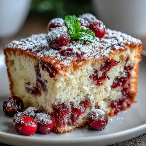 Sliced wedge of Cranberry Orange Breakfast Cake revealing tart cranberry pieces and vibrant orange zest on a rustic plate.
