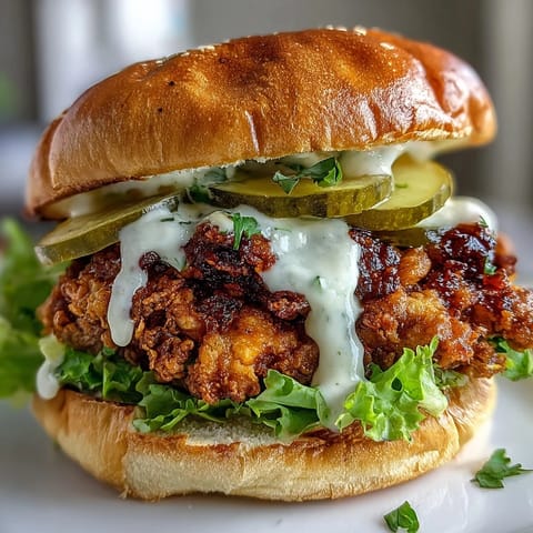Sizzling golden fried chicken is stacked high on a buttery brioche bun for this Spicy Chicken Sandwich with Creamy Homemade Sauce.