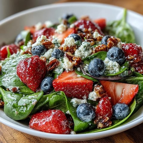 Spinach and Berry Salad Bowl garnished with sliced strawberries, blueberries, and creamy goat cheese, ready to serve as a vibrant vegetarian side dish.