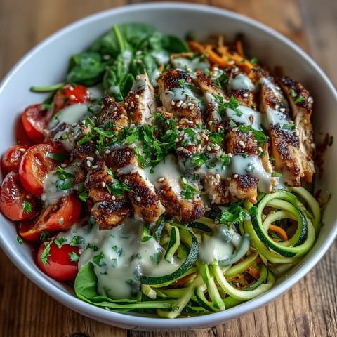 Crisp spiralized vegetable bowl features tender zucchini and sweet potato noodles with juicy grilled chicken, bright lemon-tahini dressing, and fresh herbs for a wholesome gluten-free main dish.