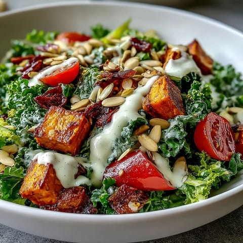 Fresh cherry tomatoes and crunchy almonds add texture to this wholesome Kale Salad Bowl, ready for a healthy lunch.