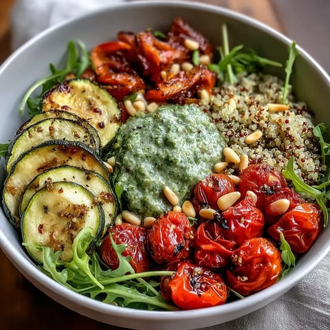 A spoon drizzles vibrant green arugula pesto over the hearty Arugula Pesto Bowl, highlighting the fresh basil and peppery greens in the sauce.