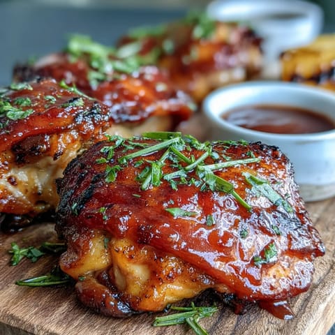 Roasted chicken thighs with a glistening guava BBQ sauce glaze, paired with grilled pineapple slices and fluffy white rice.