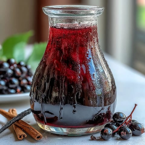 A clear shot of homemade Black Currant Rum Liqueur in a glass bottle, revealing its deep ruby red color against a dark backdrop.