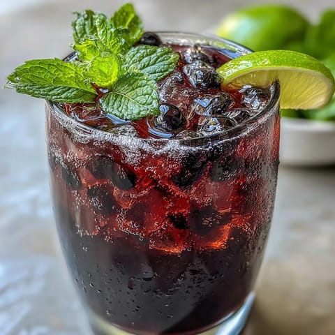 A glass of Black Currant Mojito, garnished with fresh mint and lime wedges, filled with crushed ice on a rustic wooden table.
