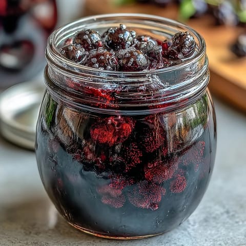 Amber-hued Blackcurrant Vodka Liqueur glistening in a rocks glass over ice, with ripe blackcurrants and a cocktail shaker nearby on a rustic bar.