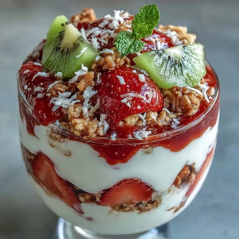 Lush guava preserves and fresh strawberries add bright color to the Guava-Flavored Yogurt Parfait.