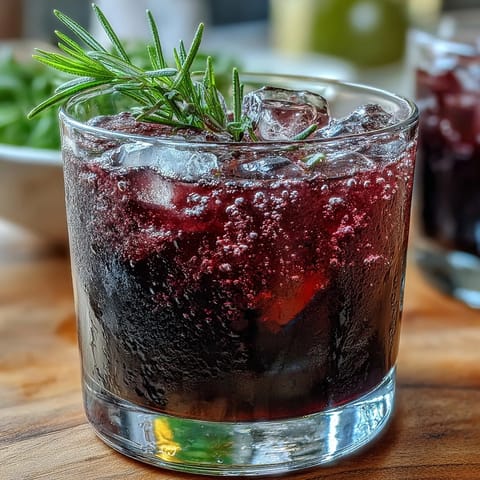 Overhead view of a Black Currant Rosemary Cocktail in a rocks glass, surrounded by fresh rosemary sprigs and black currant berries.