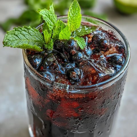 Tangy Blackcurrant Mojito cocktail topped with fresh mint sprigs, lime slices, and blackcurrants, served in a highball glass filled with ice cubes.