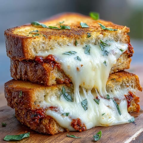 Freshly grilled Sun-Dried Tomato Pesto Grilled Cheese sliced in half, revealing a rich, red pesto spread and gooey cheese filling.