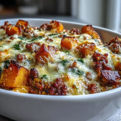 A spoon scoops into the savory Cozy Butternut Squash & Sausage Casserole revealing quinoa and spinach.