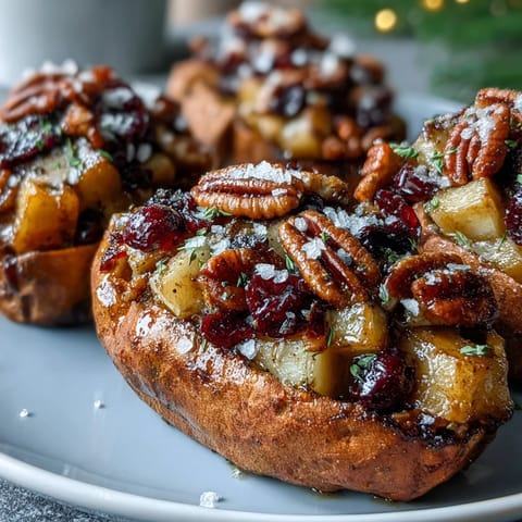 Golden brown Cranberry Apple Twice Baked Sweet Potatoes overflowing with caramelized apples and toasted pecans.