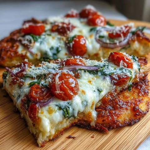 Freshly baked Crispy Garlic Parmesan Naan Pizza with melted mozzarella and bright cherry tomatoes.