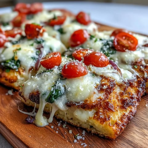 Golden-edged Crispy Garlic Parmesan Naan Pizza topped with spinach, red onion, and basil garnish.