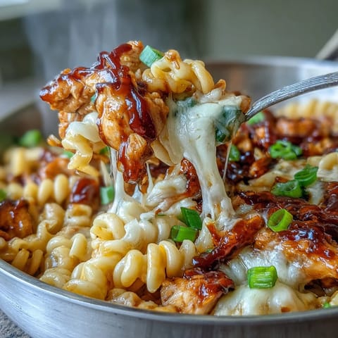 Sticky Honey BBQ Chicken Pasta Skillet is served hot, garnished with fresh green onions.