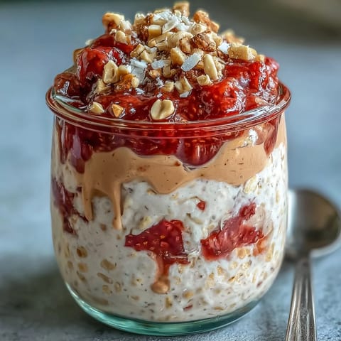 Overnight oats parfait layered with peanut butter and vanilla protein, topped with sliced strawberries and a peanut butter drizzle.