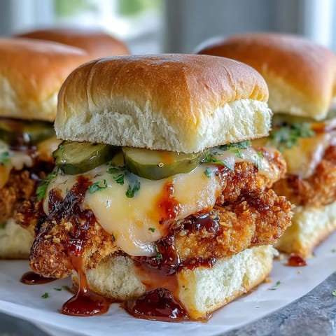 Golden-brown baked chicken tenders coated in hot honey butter, layered with cheddar and pickles inside soft slider buns for this Spicy Honey Butter Chicken Sandwich Bake.