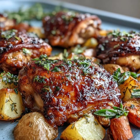 Golden, crispy chicken thighs with ranch-seasoned potatoes and carrots, all roasted together on a single sheet pan.
