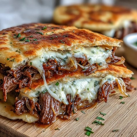 Savory Slow Cooker Beef & Garlic Naan Melt oozing with provolone and mozzarella, served with rich jus for dipping.