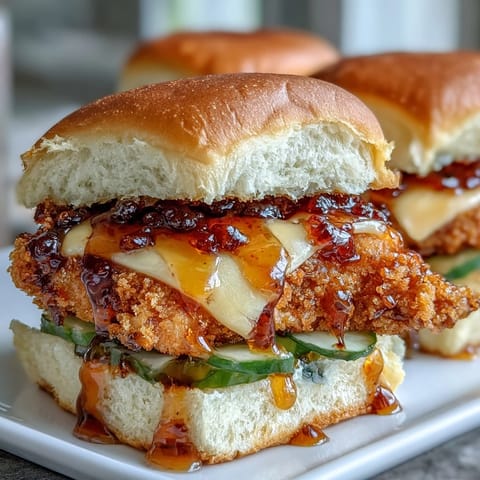 Golden-brown chicken tenders baked in sliders with melted cheddar and pickles, drizzled with spicy honey butter sauce.