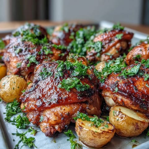 Golden brown ranch-seasoned chicken thighs with roasted potatoes and carrots on a sheet pan.