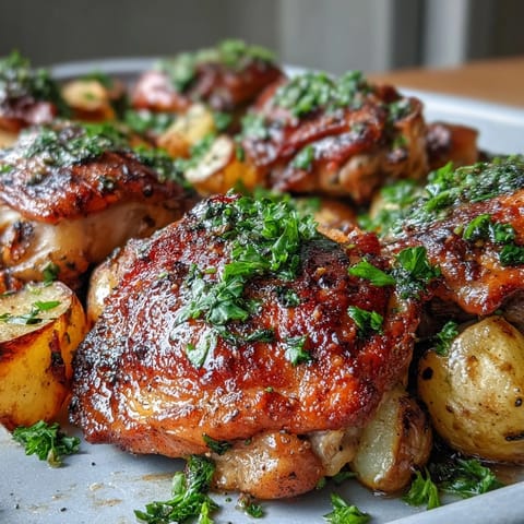 Juicy chicken thighs with ranch seasoning, golden potatoes, and roasted carrots on a sheet pan.