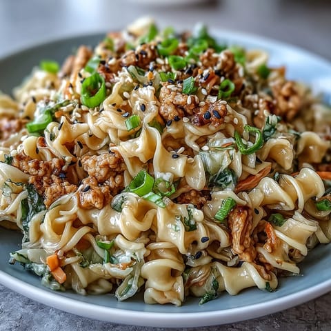 Colorful shredded cabbage and carrots add crunch to a steaming bowl of Creamy Potsticker Noodle Stir-Fry, ready for a quick weeknight dinner.