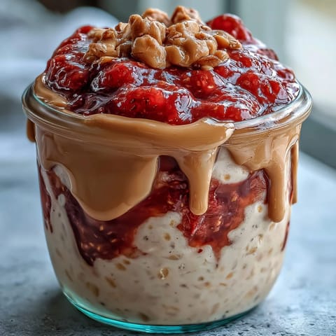 Swirled jars of High-Protein Peanut Butter & Jelly Overnight Oats topped with fresh diced strawberries and oats.