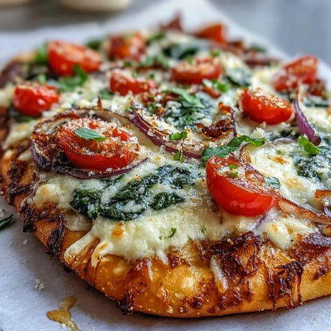 Golden-brown Crispy Garlic Parmesan Naan Pizza with melted mozzarella and halved cherry tomatoes on a dark plate.