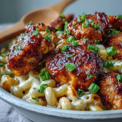 Creamy cheddar-coated pasta and glazed chicken with honey BBQ sauce in a rustic skillet, topped with fresh green onions.