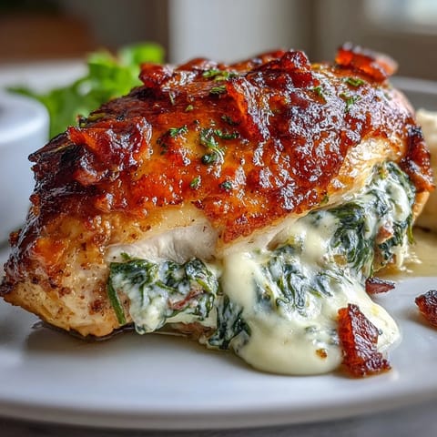 Freshly baked Keto Spinach and Bacon Stuffed Chicken Breasts resting on a plate, topped with melted cheese and fresh parsley.