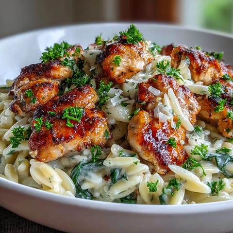 Tender orzo swims in silky garlic Parmesan sauce alongside juicy chicken pieces, served steaming hot.