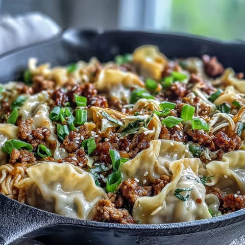 Creamy Potsticker Noodle Stir-Fry with ground turkey, coleslaw mix, and glossy sesame sauce, served steaming in a white bowl.