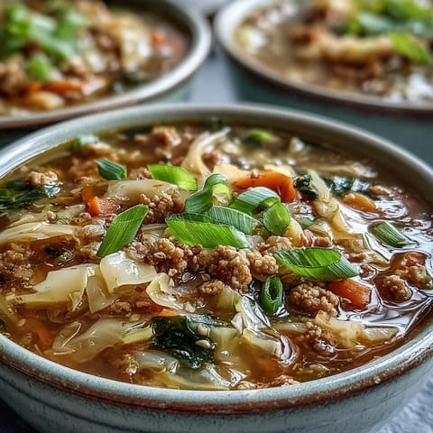 A steaming bowl of Cozy One-Pot Egg Roll Soup, loaded with tender cabbage, savory pork, and fragrant ginger. Garnished with green onions for a fresh finish.