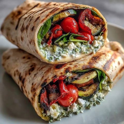 Vibrant grilled zucchini, bell peppers, and eggplant layered with tangy feta and hummus for a healthy Mediterranean wrap.  